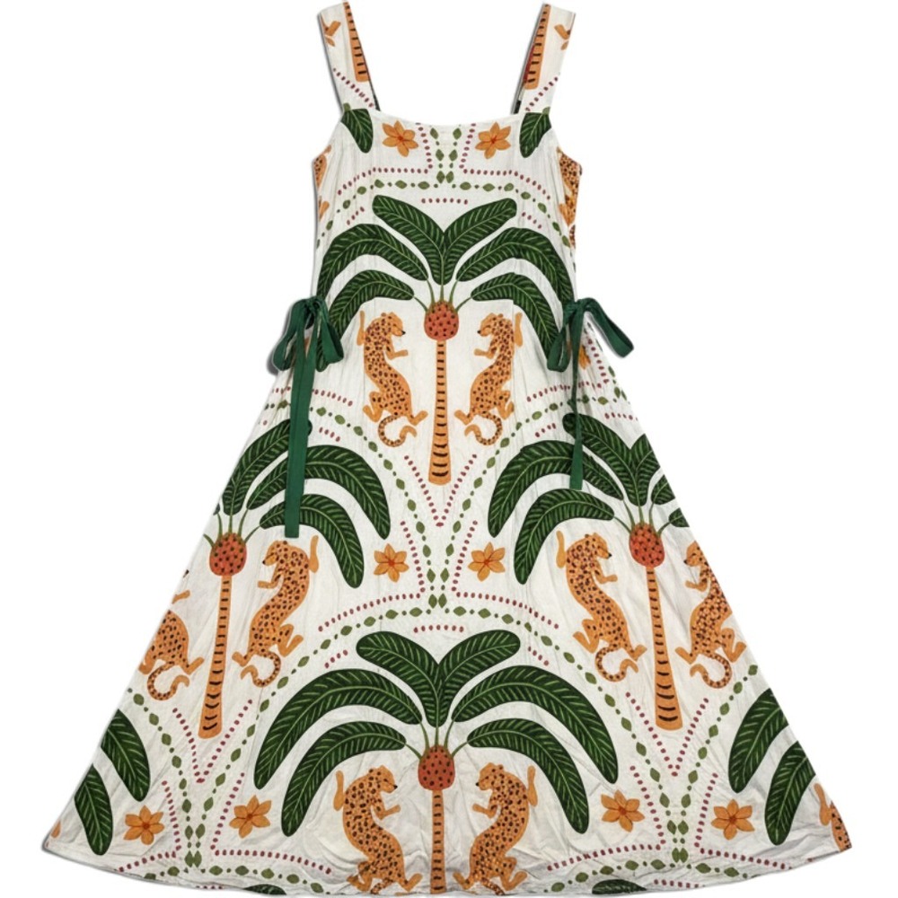 Halogen Women White Tropical Leopard Palm Print Midi Dress Green Side Ties Sz L